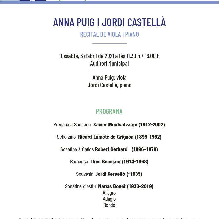 annapuig82's tweet photo. Un immens plaer poder tocar el proper dia 3 d'abril obres indispensables de compositors catalans per viola i piano al @Festival_Pasqua de Cervera, tals com @jordi_cervello , Narcis Bonet, Lluis Benejam, Lamote de Grignon, Montsalvatge i Robert Gerhard. https://t.co/ir6w8l7u4e