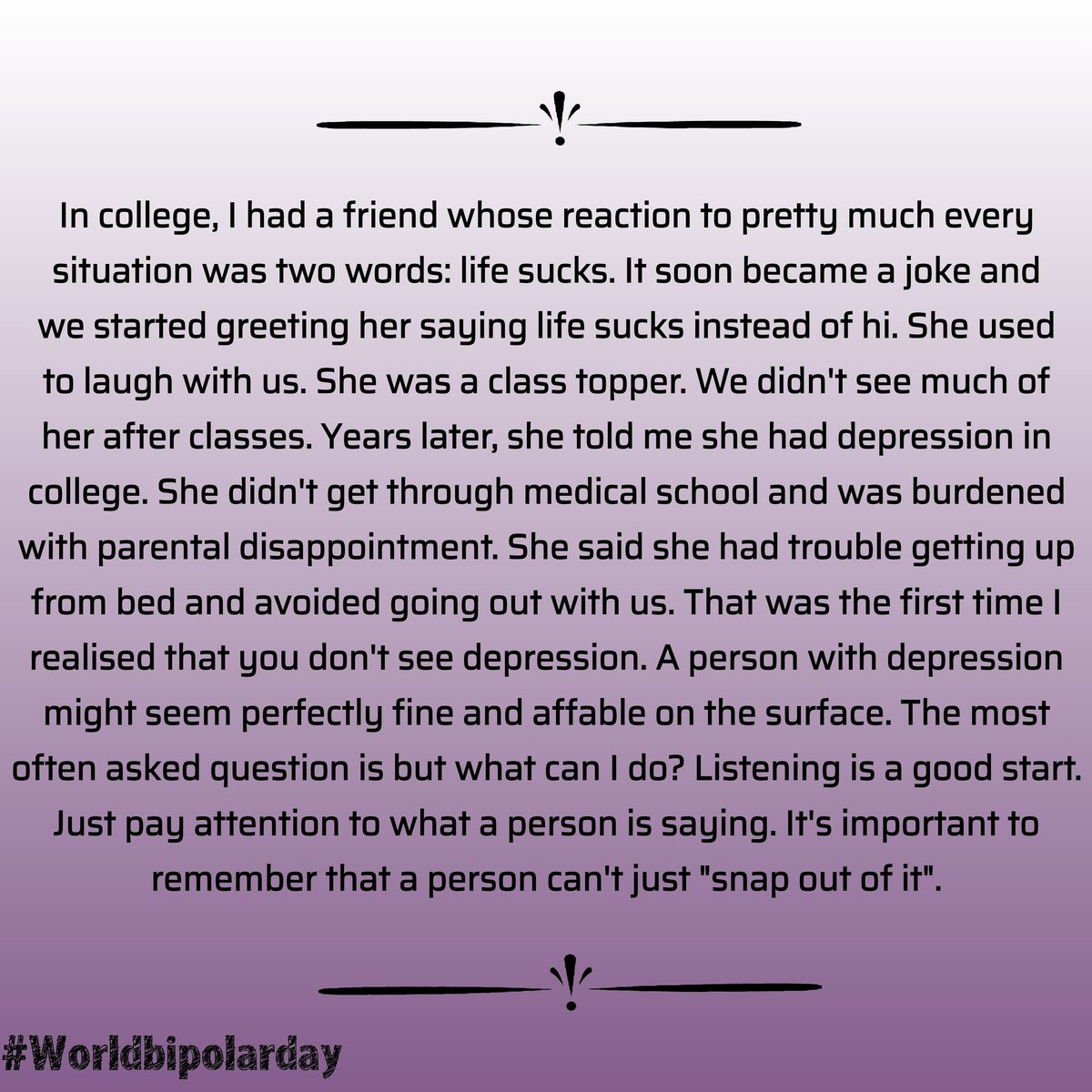 BipolarMahila's tweet photo. You can't see mental ailments like a broken bone. It is easy to randomly form judgments about people. But, do you know enough?

Read and share the message.

#WorldBipolarDay 
#mentalhealth 
#mentalhealthmatters 
#bipolardisorder 
#bipolarmahila 
#depressionisreal 
#depression https://t.co/weP2h35u57