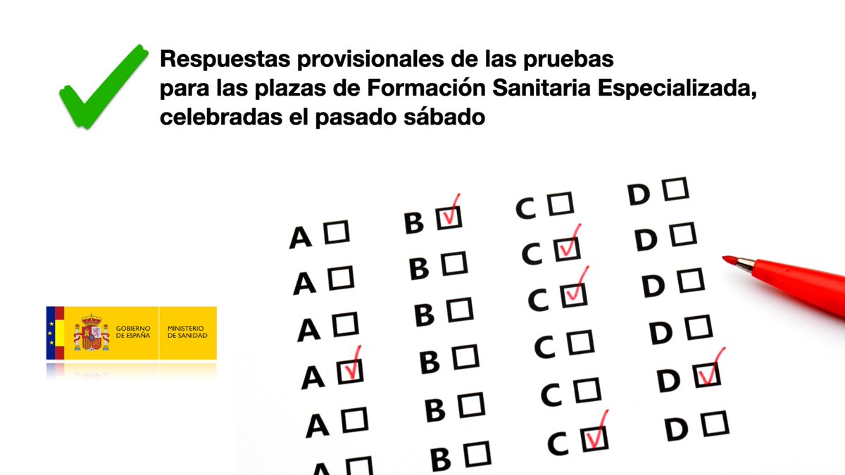 🔴 Publicadas las respuestas provisionales de las pruebas para las plazas de Formación Sanitaria Especializada, celebradas el pasado sábado

📄 Accede ➡️ bit.ly/3swELaR

El plazo para presentar reclamaciones empieza mañana miércoles y finaliza el día 6 de abril