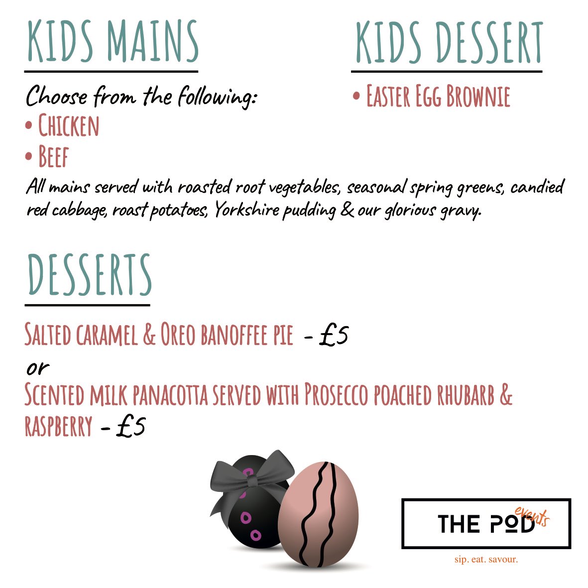 ThePodEvents's tweet photo. Get your Easter Sunday orders into bookings@thepodnewport.com. 

Don’t forget the desserts &amp; cocktails😋

Please note - food is served cold. Follow “Reheat &amp; Eat” instructions to enjoy to a Pod standard. 

#thepodevents #thepod #newport #cardiff #sundaylunch #eastersunday #lunch https://t.co/4OjrwM2Ri7