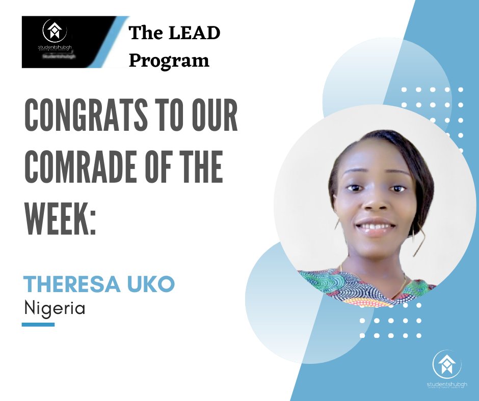 studentshubgh's tweet image. Congratulations to Theresa Uko for being the Comrade of the week with excellent grades👏.
Keep up the good work and soar higher!

Learn more about the LEAD program here:
ow.ly/p29b50Ec4bw
#leadprogram #africa #international #nigeria