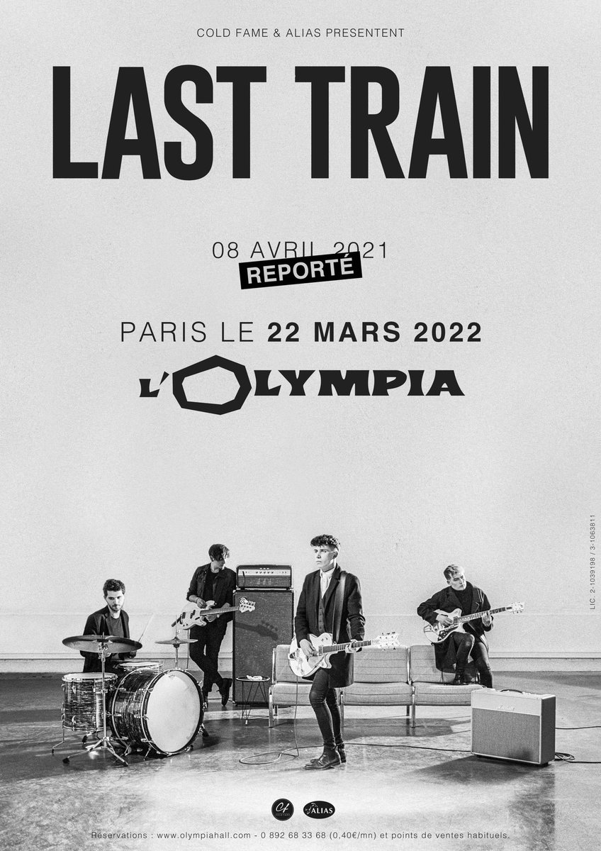 📆 Le concert de Last Train à l'Olympia de Paris est une nouvelle fois reporté au 22 mars 2022. Les billets pour la date du 04 novembre ou du 08 avril restent valables pour la nouvelle date du 22 mars 2022. Remboursement possible jusqu’au 08 juillet 2021.