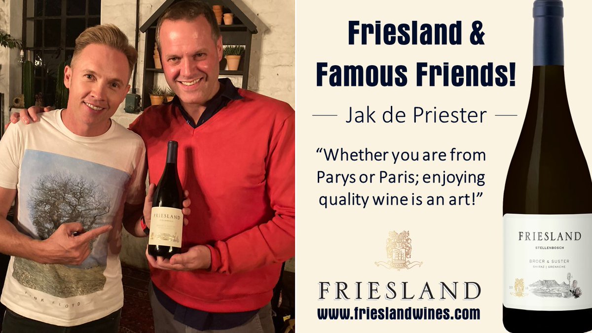 FrieslandWines's tweet photo. Friesland &amp; Famous Friends - featuring Jak De Priester!
"Whether you are from Parys or Paris; enjoying quality wine is an art!”
https://t.co/YXj3JHDLPJ
#Frieslandwines #handcrafted #stellenbosch #familywines #winesfromstellenbosch #SaveSAwine #premiumwines #frieslandandfriends https://t.co/aslwFDXLYh