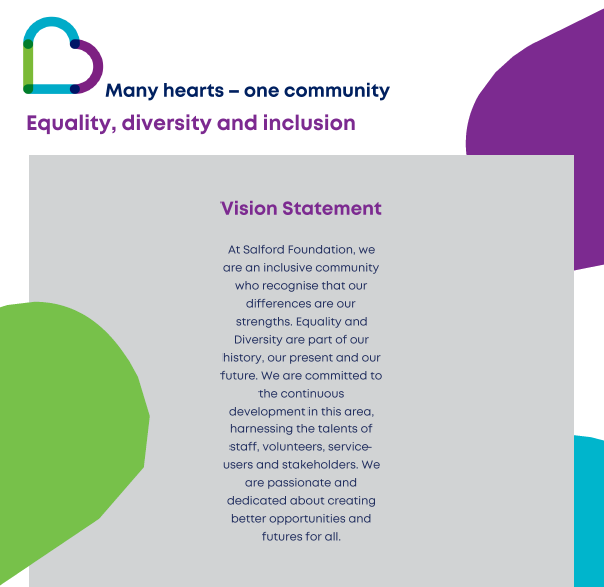 SalfordFDN's tweet photo. As we mentioned last week, we've been working over the past few months to develop our Salford Foundation's Vision Statement and are excited to share this with you along with our new logo #ManyHeartsOneCommunity #EDI #RepresentationMatters https://t.co/KQWEpB03xe