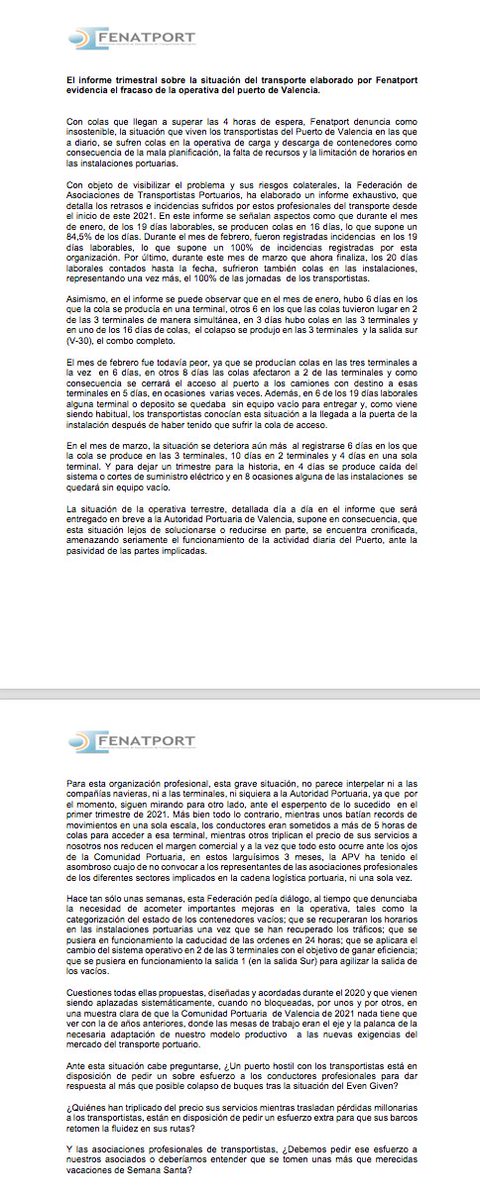 El informe trimestral sobre la situación del #transporte elaborado por @Fenatport evidencia el fracaso de la operativa del puerto de #Valencia. <a href="/Transporte3/">Revista Transporte 3</a> <a href="/transaldia/">Transporte al dia</a> <a href="/CdeLogistica/">C de Logística</a> <a href="/CamionAct/">CamionActualidad</a> <a href="/24horas_rne/">24 horas de RNE</a> <a href="/cadesum/">Cadena de Suministro</a> <a href="/La_SER/">Cadena SER</a> <a href="/COPEValencia/">COPE Valencia</a> <a href="/OndaCero_es/">Onda Cero</a> <a href="/HerreraenCOPE/">Herrera en COPE</a>