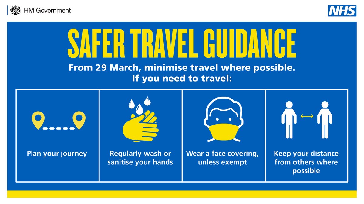 bizhealthy's tweet photo. Please continue to minimise travel where possible.

If your are using public transport, you should:
🧼regularly wash/ sanitise your hands
😷wear a face covering unless you are exempt
↔️keep your distance where possible https://t.co/wmjthYauJQ