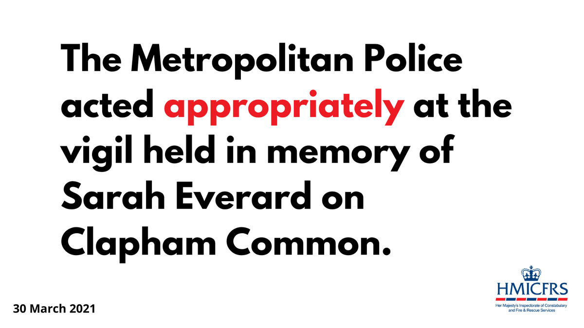 NEW: Today we have published our inspection into how <a href="/metpoliceuk/">Metropolitan Police</a> handled the vigil in memory of Sarah Everard on Clapham Common. 

Read our report here: buff.ly/3szt03G 

#SarahEverardVigil