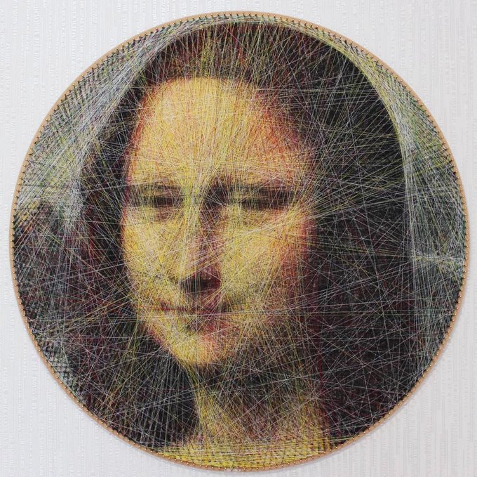 womensart1's tweet image. Programmer Ani Abakumova uses algorithms to organize lengths of coloured thread into the style of classic paintings. Although the formulas for the placement are computer generated, she performs the labour of attaching each string in the correct order/pattern #womensart