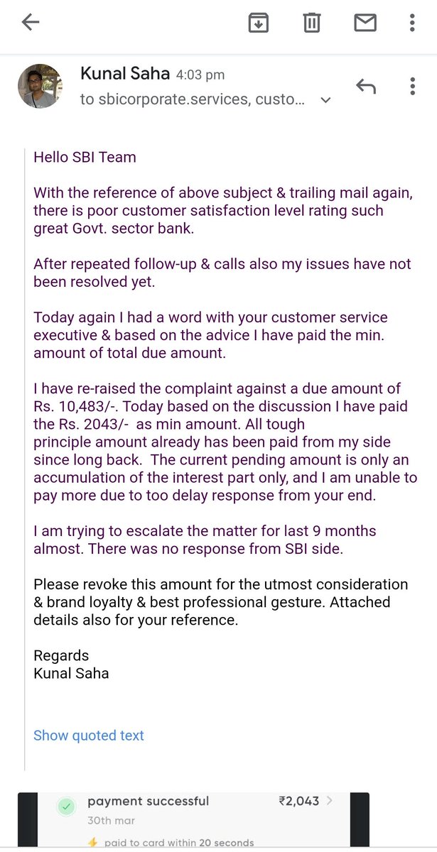 KSaha2022's tweet photo. @inconsumerforum @TheOfficialSBI @jagograhakjago 
Issues has been raised June 2020 for an disputed payment of Rs. 12500/- from my SBI credit card.Complaint raised with 72hrs. But there were no supports from SBI Team. Then also I have re paid the principle amount. https://t.co/iKFuJRSiRF