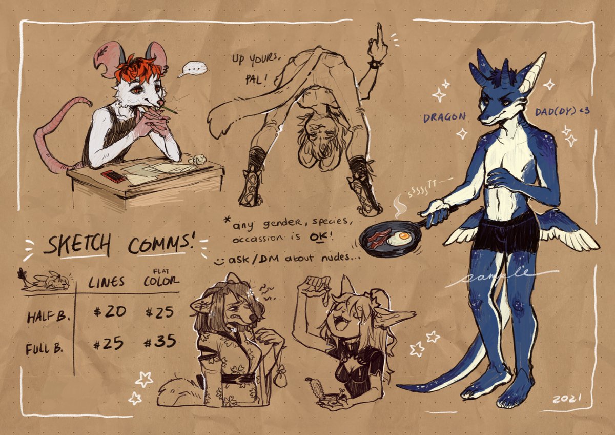 hai frens ?✨
i have these ?SKETCH? COMMISSIONS OPEN!
TOS & other:
? TAT 1-3 days upon starting!
? No revisions! Be sure! 1 revision +$2
? All prices are starting price! Complexity is +$$
? No refunds, Paypal ONLY!
? Any gender/ species! Artistic nudity pls provide ID!