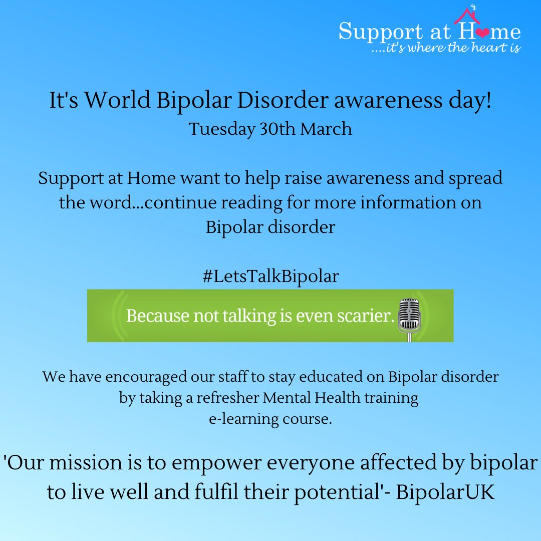 Support_at_Home's tweet photo. Today is World Bipolar Day. We want to help spread awareness and encourage people to talk about mental health. 

If you are struggling with your mental health, dont suffer in silence. #LetsTalkBipolar https://t.co/NgHk75ZQG4