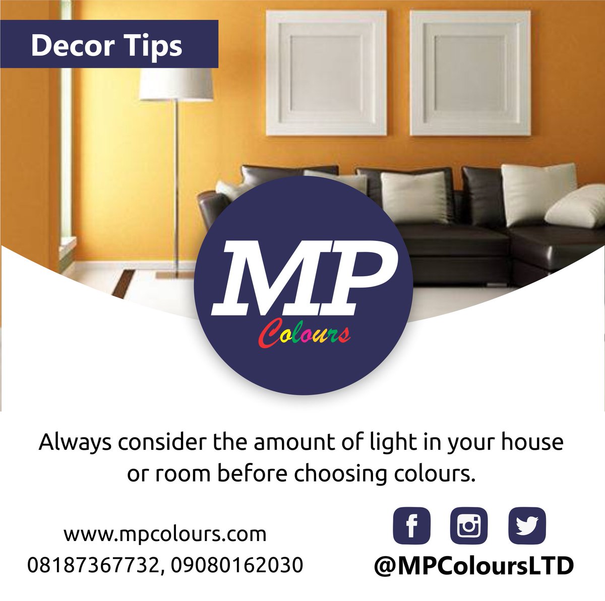 MPColoursLTD's tweet photo. #decortips
Always consider the amount of light in your house or room before choosing colours. 

#paintcompany #design #homedecor #decor #realestate #renovation #construction #homedecoration #HomeDecor #HomeRenovation #WallDecor https://t.co/LbRfyvyb50