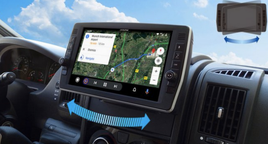 bannings1's tweet photo. The #Alphine X903D-DU2’s monitor can be turned towards the driver or co-driver. This simplifies destination input &amp; improves display visibility even in direct sunlight. The product is exclusively designed for the #Fiat Ducato III, #Citroën Jumper II &amp; the #Peugeot Boxer II. https://t.co/KYF4qnnhEh