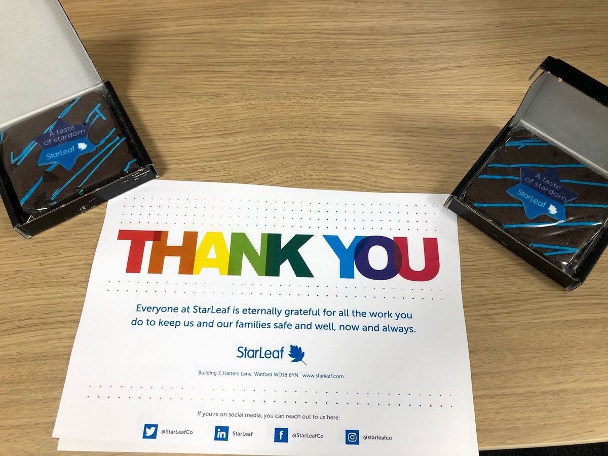 StarLeafCo's tweet image. At StarLeaf, we’re proud to support the NHS. This week, to say thank you for the wonderful work the NHS does, we sent over a little treat: StarLeaf brownies for the NHS in Cambridge. Thank you to our local hospital!

(And thanks to the team at StarLeaf who made it happen!)