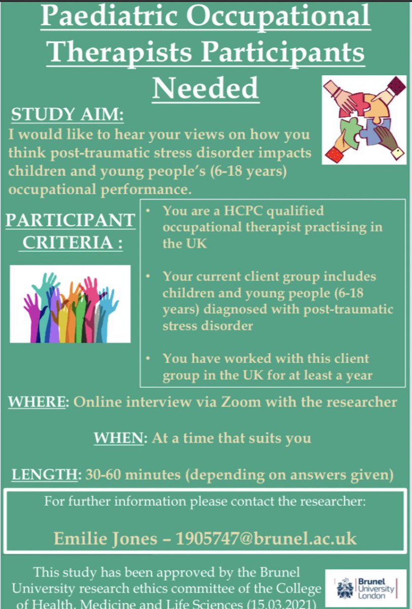 Are you an OT who works with children and young people diagnosed with post-traumatic stress disorder (PTSD) in the UK?

Can you share your experience on how PTSD impacts children and young people's occupations? 

For more details, please contact 1905747@brunel.ac.uk