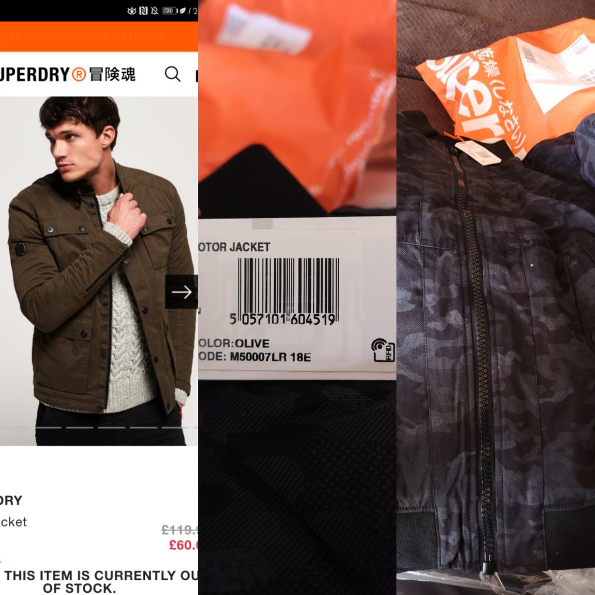 sarah91ou's tweet photo. @Superdry what I ordered vs what arrived. MIL ordered for my husbands birthday. Blue camp jacket isn't his style. He wants olive. The tag even says olive. https://t.co/enuYjcP9Bc