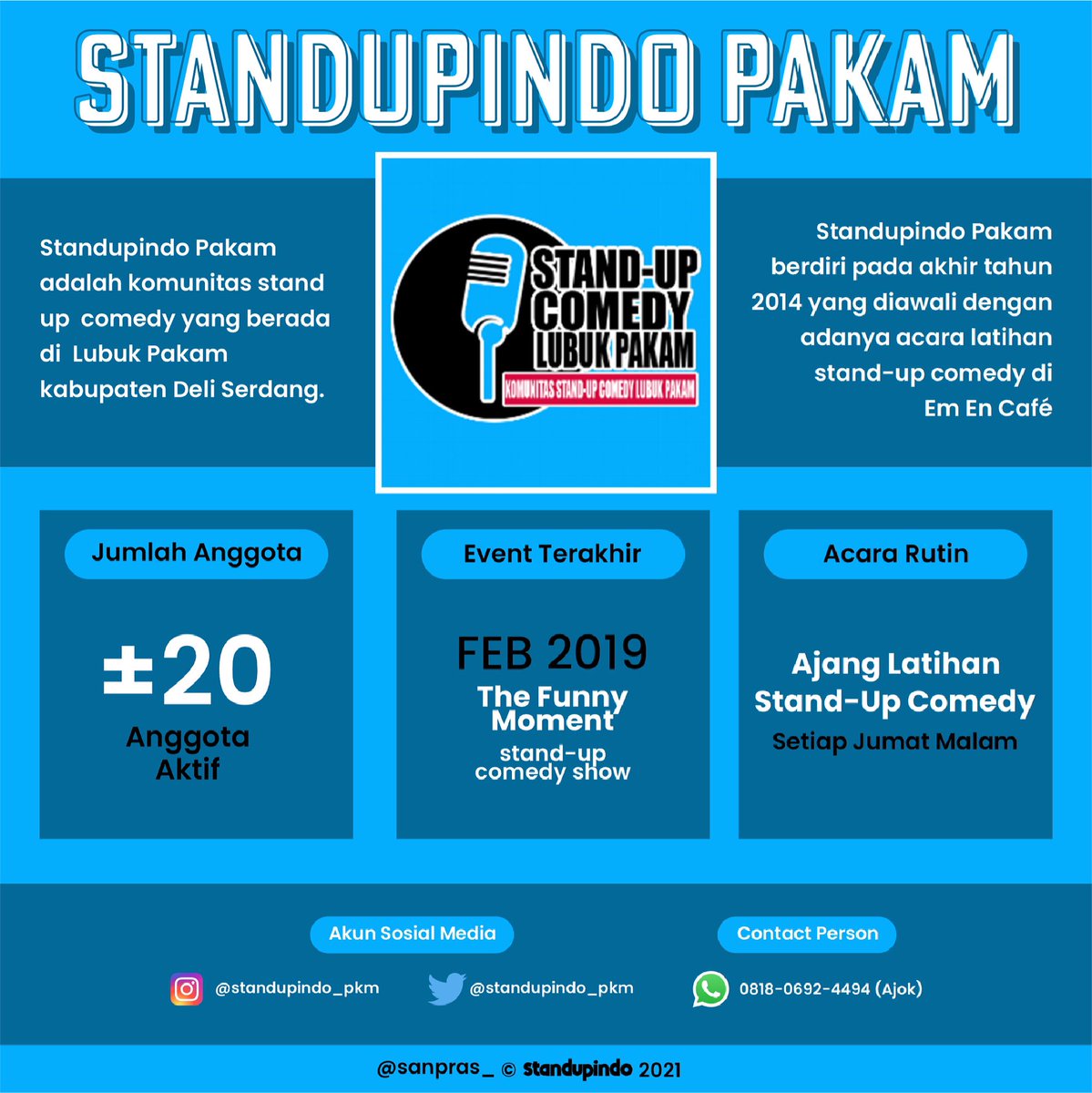Standupindo's tweet photo. Dari sisi timur kota Padang, di Deli Serdang ada @standupindo_pkm

Berdiri sejak 2014, terus hadir untuk menghibur Lubuk Pakam dan Penumpang di Bandara Kuala Namu.

#Standupindo #standupcomedy #LubukPakam https://t.co/i7ICGUzEOp