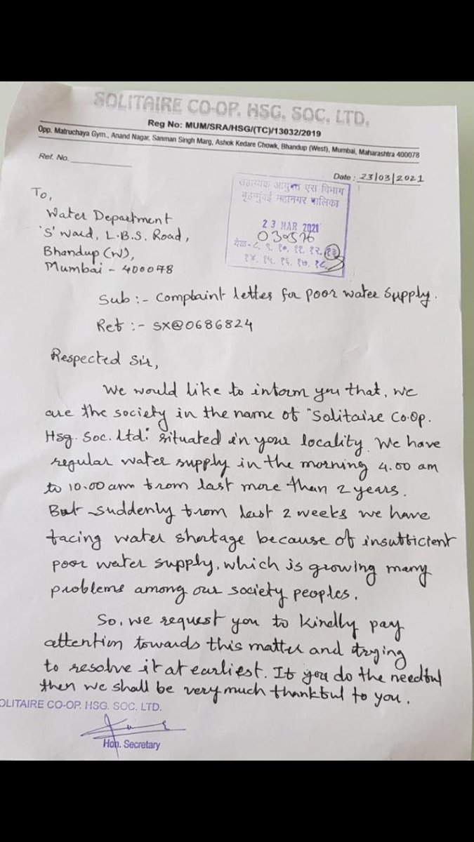 ManobendraBose's tweet photo. @mybmc @mybmcWardS We the residents of Solitaire Building,gadav naka are facing water shortage since 15 days.We have already dropped a complaint letter regarding the same. kindly check on urgent basis.Covid situation is becoming worst due to water scarcity. #nowater #WaterIsLife https://t.co/FwHvvvz390