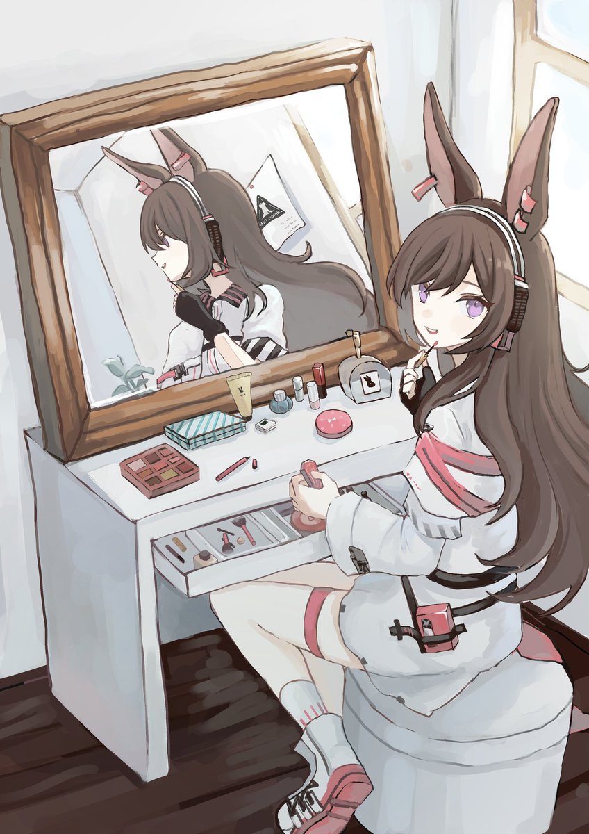 1girl animal ears mirror long hair purple eyes solo cosmetics  illustration images