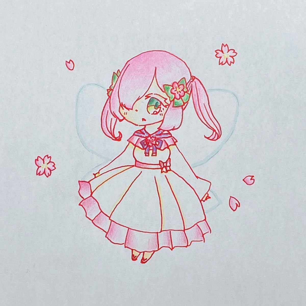 おーしゃん 絵師になりたいー 春の妖精さん イラスト好きさんと繋がりたい イラスト イラスト初心者 イラスト練習中 色鉛筆画 色鉛筆イラスト 桜 春 妖精 ぴんく 苺
