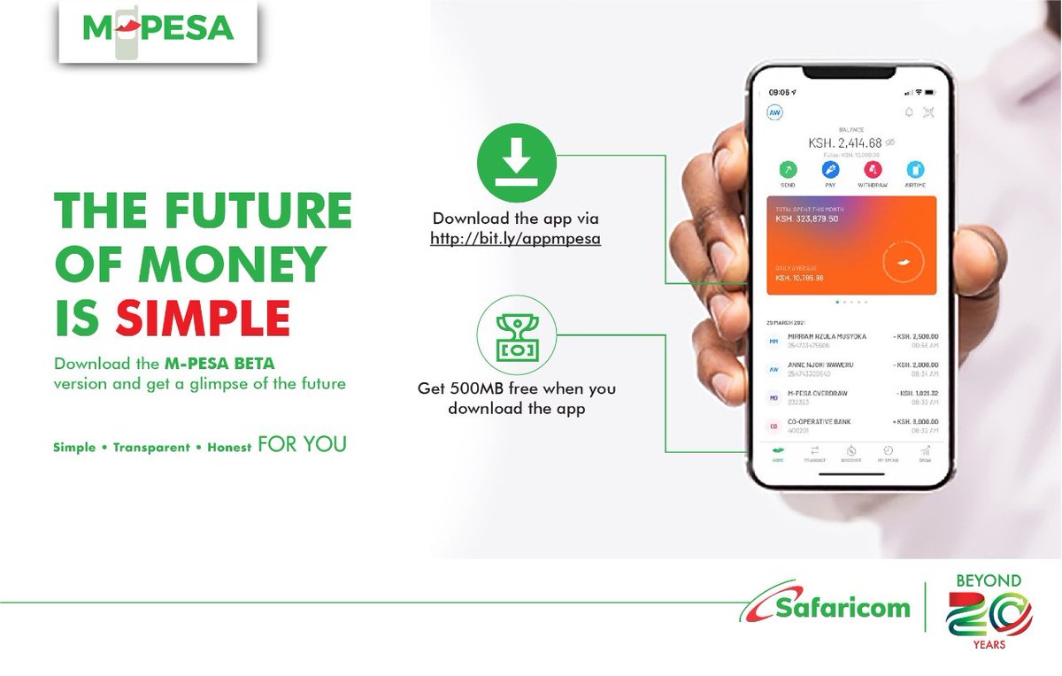 SafaricomPLC's tweet photo. The future of mobile money is Here and it’s SIMPLE as EVER! Be one of the first to test the new M-PESA App that we are piloting. Download the App today and get 500MB free https://t.co/w6d9jsQhXk  #TwendeTukiuke https://t.co/Yiy8rUvbYa