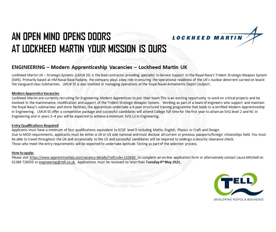 TellTraining's tweet photo. Are you interested in an Engineering Modern Apprenticeship?  Please see below our most recent vacancy and how to apply!
#ModernApprenticeship #engineering #careergoals https://t.co/VSgorv5iQA