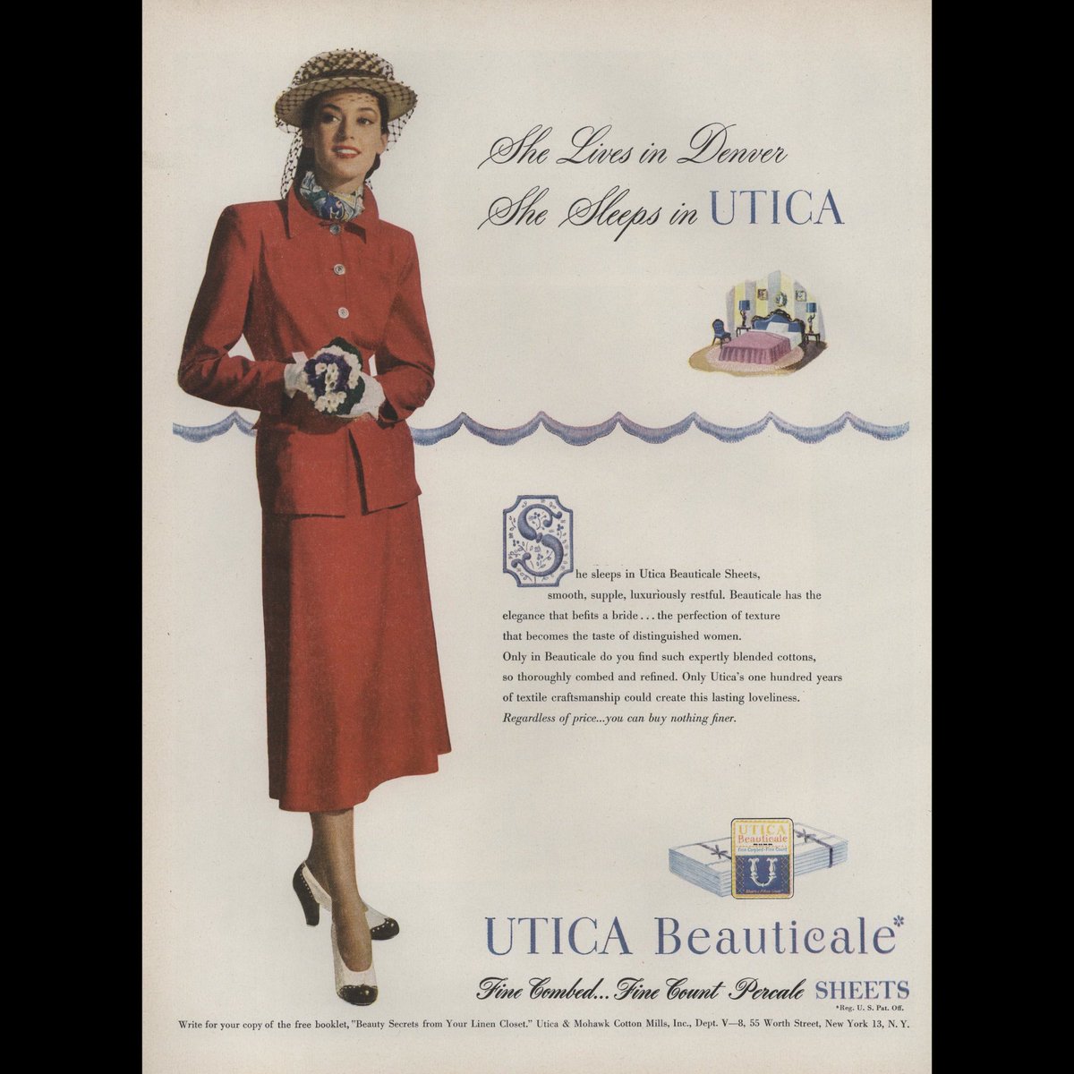 1972projects's tweet photo. #140
Barbara Mullen in an advertisement for Utica Beauticale bedsheets.
Vogue, June 1948. Photographer uncredited.
#BarbaraMullen #Vogue #Utica #Beauticale #Advertisement #TheReplacementGirl #FashionHistory #ModelHistory https://t.co/nfAGFqkj7o