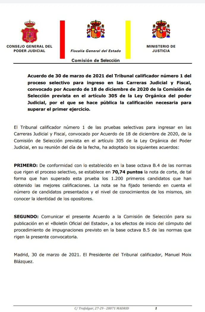 Esc_Judicial's tweet photo. ❗La nota de corte del Tribunal Calificador número 1 en las pruebas de acceso a las carreras #juducial y #fiscal en curso es de 70,74. Pasan l@s 1.200 mejor calificad@s. Tienes todos los detalles aquí,👇
https://t.co/tPHiGiPzoI https://t.co/2R1XRlFuUk