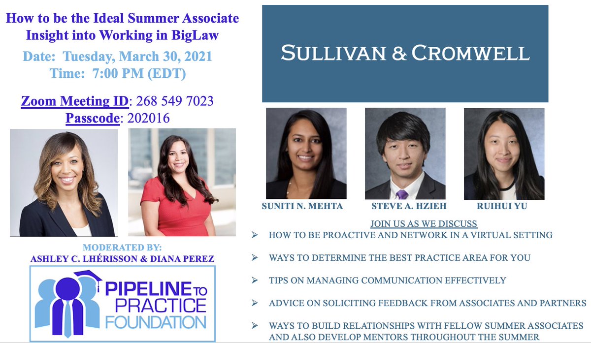 PipelineToPract's tweet photo. Join us TONIGHT for our "How to be the Ideal Summer Associate" program where we will provide insight into working in BigLaw!

Date:  Tuesday, March 30, 2021
Time:  7:00pm (EST)

Zoom Link:  https://t.co/nFh8Zu61Vl
Meeting ID: 268 549 7023
Passcode: 202016 https://t.co/PAEcyGKiV1