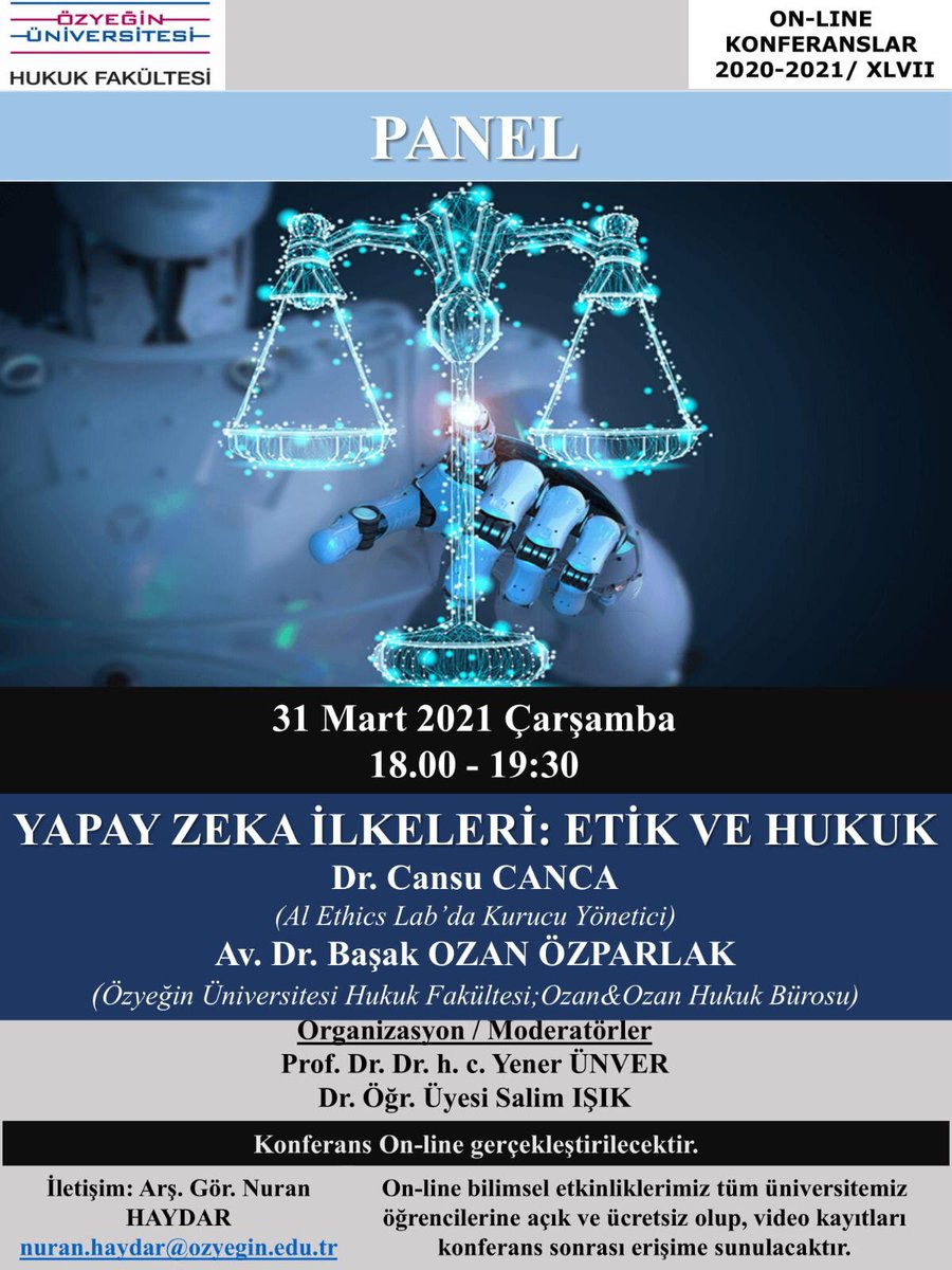 allamarinara's tweet photo. Yarin 18.00'de Dr. Cansu Canca @ccansu ile birlikte “Yapay Zeka İlkeleri: Etik ve Hukuk” konulu ve Özyeğin Üniversitesi tarafından düzenlenen panelde bir araya geliyoruz. Etkinlik, herkese açık ve ücretsizdir. #aiethics #ai #yapayzeka #robothukuku #robotlaw https://t.co/vjdaX5j80l