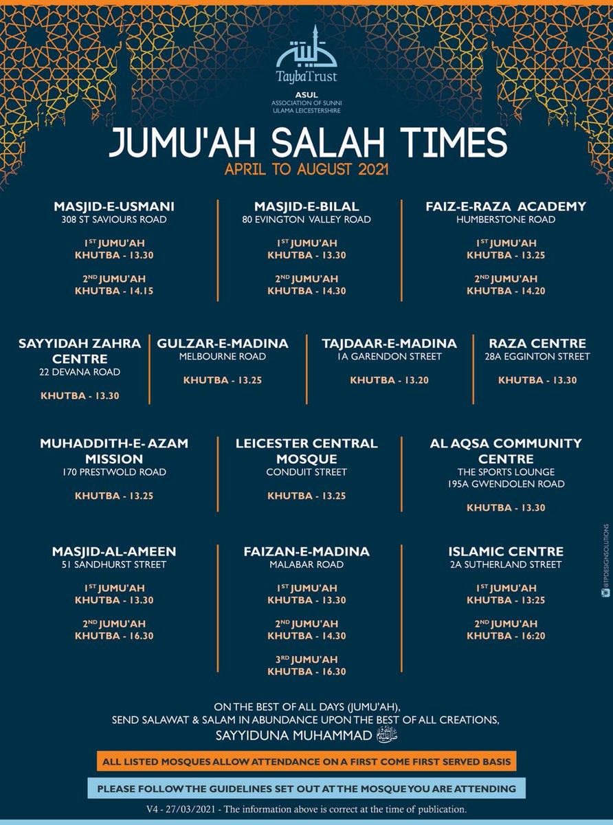 Summer Juma salaah times for the city of Leicester.
Please follow the guidelines of the Mosque you plan to attend and cooperate with the volunteers.