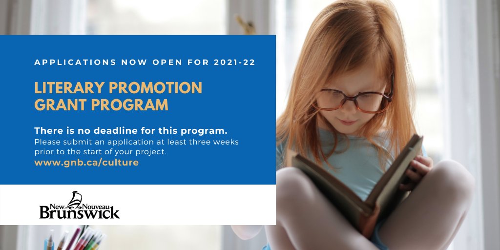 Gov_NB's tweet photo. 📣 LITERARY PROMOTION 
2021-2022 guidelines and application forms are available. Literary Promotion Grant Program is open for application! 
https://t.co/K04Uxx6GeP      
#ArtsCultureNB #LiteraryPromotion https://t.co/fpUr5mSQW2
