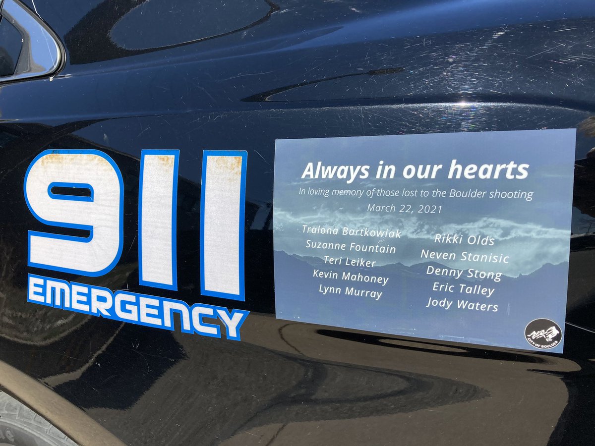 boulderpolice's tweet image. Thank you @CUBoulderPolice for joining us in adding the names of all the victims of the #BoulderShooting to patrol cars to honor their memory #BoulderStrong