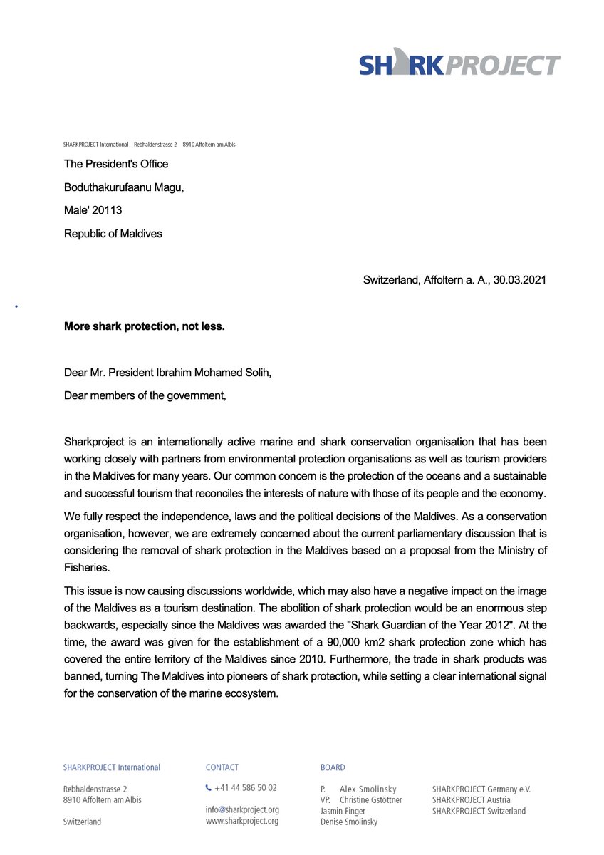 juergengangoly's tweet photo. Artenschutzorganisation @sharkproject wendet sich mit offenen Brief an den Präsidenten der Malediven: https://t.co/tV508kJGLg – Protest: Malediven planen kommerziellen Fang von Haien wieder zu erlauben! @RaajjeNews @visitmaldives @maldives @governmentmv https://t.co/51MoDVPj4y