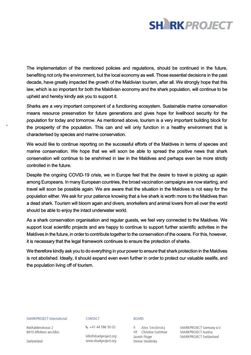 Artenschutzorganisation <a href="/sharkproject/">Sharkproject International</a> wendet sich mit offenen Brief an den Präsidenten der Malediven: bit.ly/3cAQXCo – Protest: Malediven planen kommerziellen Fang von Haien wieder zu erlauben! <a href="/RaajjeNews/">Raajje News - #Maldives 🇲🇻</a> <a href="/visitmaldives/">Visit Maldives</a> <a href="/maldives/">𝕄𝕒𝕝𝕕𝕚𝕧𝕖𝕤 𝕀𝕟𝕤𝕚𝕕𝕖𝕣 🇲🇻</a> <a href="/governmentmv/">Government of Maldives</a>