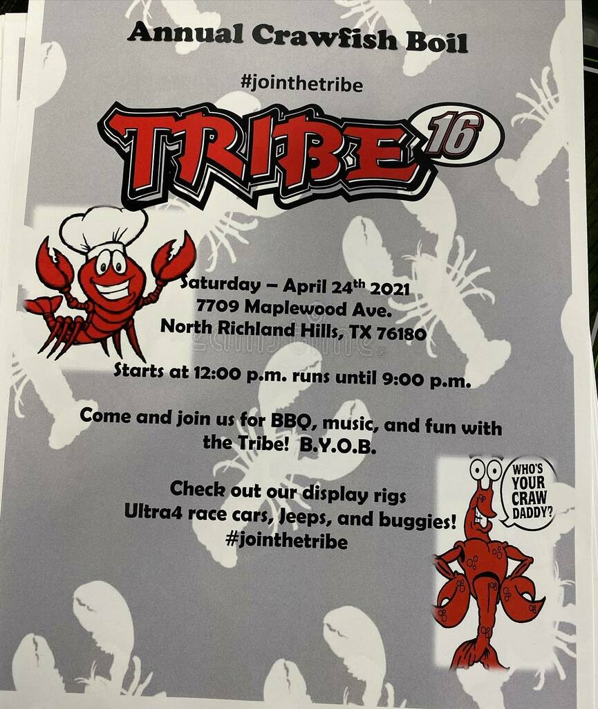 Tribe4x4's tweet photo. Save the date! Tribe16 crawfish boil party is a go. Come hang out with the Tribe crew, eat some mud bugs, kick back some cold ones and have a good time!! #brewcrewjeepclub #predatorjeep #northtexasjeepclub #ntjc #chisholmtrailjeepclub #ctjc #lsjc #lones… https://t.co/rJeEp2r6t7 https://t.co/gWPSpTpmXo