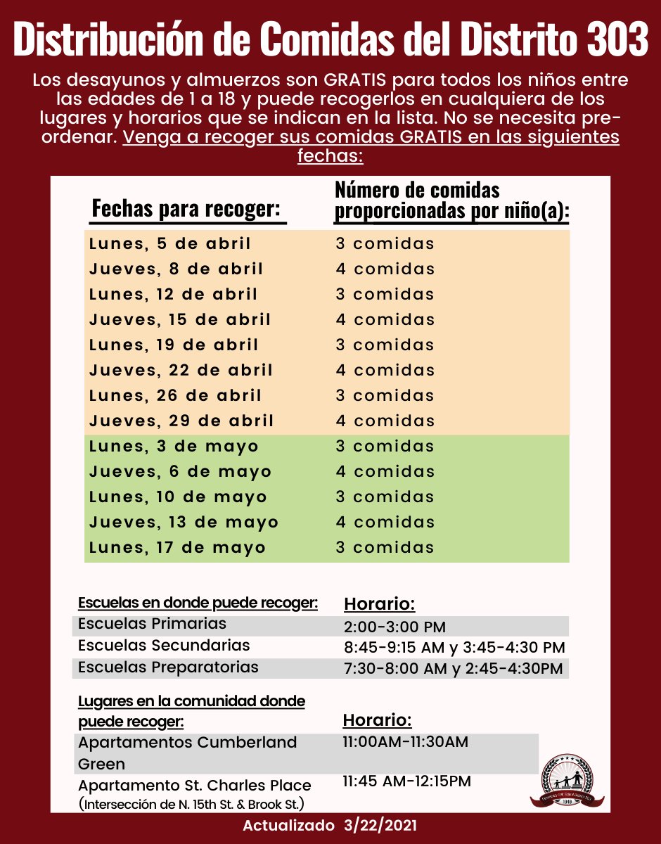 District 303 Meal Distribution Schedule for April and May 🍽🍎

Horario de Distribución de Comidas durante abril y mayo 🍽🍎