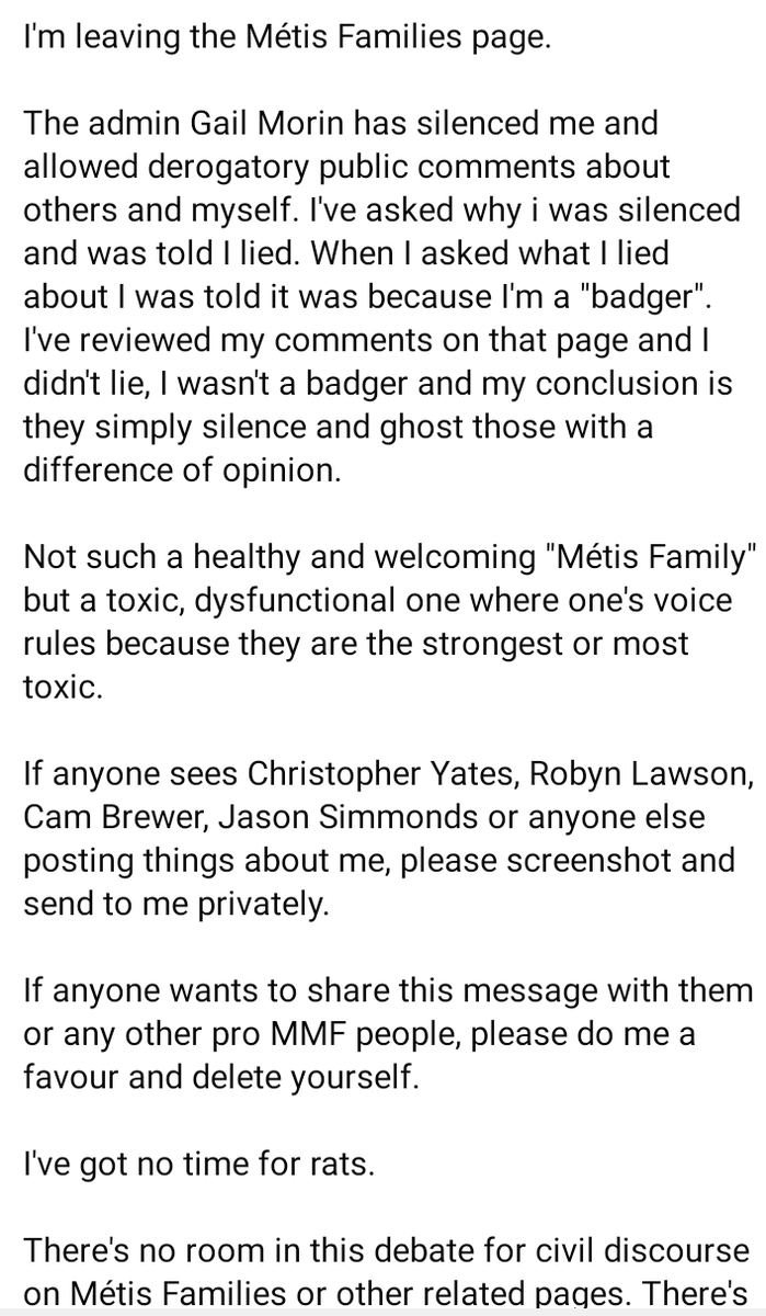 LADYALEXANDRIA's tweet photo. This is part of the toxic sickness within #Metis , #MetisNation. The #vaccine is #Truth . #Doxing a 11 year old Disabled Child. NO MORALS, NO ETHICS. #racism , #INDIGENOUS , #GailMorin , #DarrylLeroux, #RobynLawson https://t.co/zv64kx4GlL