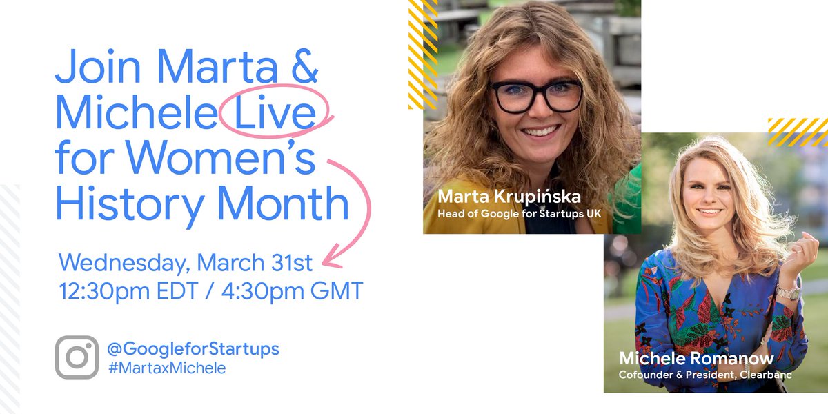 Google for Startups (@googlestartups) on Twitter photo Join Head of <a href="/GoogleStartupUK/">Google for Startups UK</a> <a href="/mmeentrepreneur/">Marta Krupińska</a> and <a href="/MicheleRomanow/">Michele Romanow</a>, #cofounder of <a href="/clearbanc/">Clearbanc</a> and 🐉 on <a href="/cbcdragon/">Dragons' Den 🐉</a>, via Instagram Live as they chat about funding, gender bias, and considerations for fellow founders. See you tomorrow! #WomensHistoryMonth #MartaxMichele Join Head of <a href="/GoogleStartupUK/">Google for Startups UK</a> <a href="/mmeentrepreneur/">Marta Krupińska</a> and <a href="/MicheleRomanow/">Michele Romanow</a>, #cofounder of <a href="/clearbanc/">Clearbanc</a> and 🐉 on <a href="/cbcdragon/">Dragons' Den 🐉</a>, via Instagram Live as they chat about funding, gender bias, and considerations for fellow founders. See you tomorrow! #WomensHistoryMonth #MartaxMichele