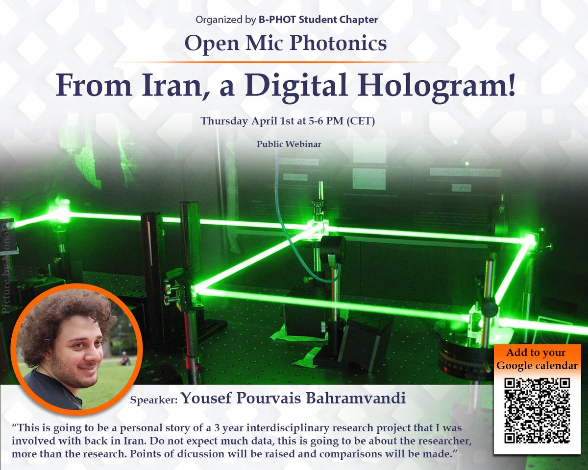 BPHOTChapter's tweet photo. Join our series of #Webinars
 
🎙Open Mic Photonics:
From Iran, a #Digital #Hologram! by Yousef Pourvais 

⏰5-6 PM (CEST) - April 1st

Microsoft Teams: https://t.co/3gGyXVWSEH
Add to your Google: https://t.co/znFUxX0Ska

#bphotstudentchapter #spie #osa #bphot #openmicphotonics https://t.co/I30dgrkPzc