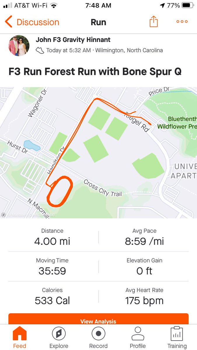 Sub 9 minute pace - thank goodness for the pause function when the Q needs a break. ⁦<a href="/f3capefear/">F3CapeFear</a>⁩