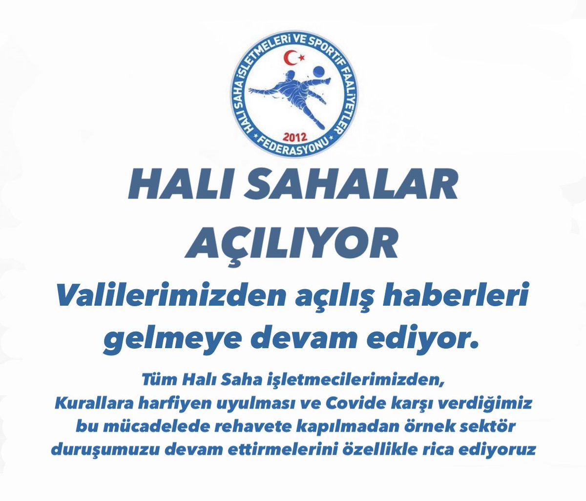 HALI SAHALAR AÇILIYOR👏👏👏

Dün yayınlanan genelgeye göre halı sahaların açılış kararları Valiliklere ve İl hıfzısıhha kurullarına devredildi.
İllerden peşpeşe açılış kararları açıklanıyor.
Tüm halı saha işletmeciler ve oyuncularımızdan kurallara uymalarını özellikle rica ederiz