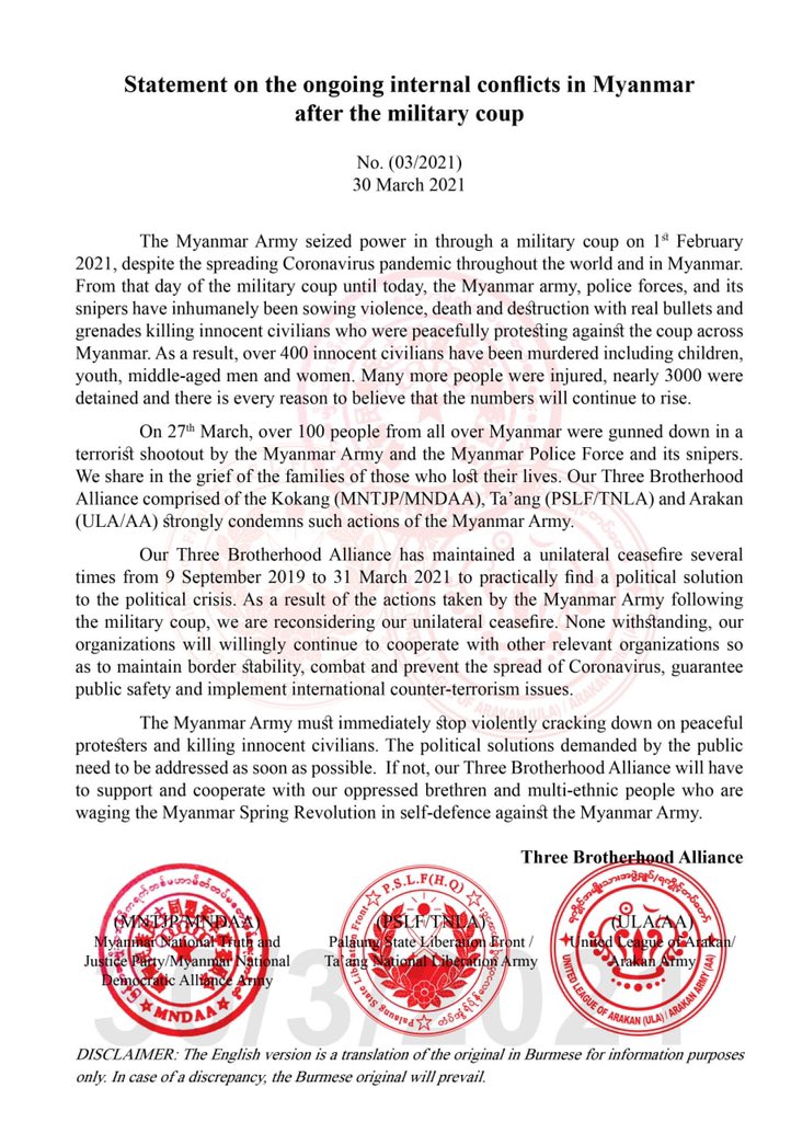 nyotwanawng's tweet photo. Statement on the ongoing internal conflicts in Myanmar after the military coup

No. (03/2021)
30 March 2021

Original Link: 

https://t.co/VT7UYmRVMw https://t.co/DunGSYoR5B