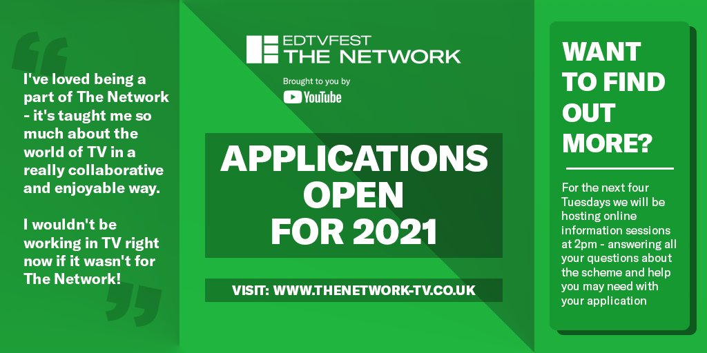 thetvfoundation's tweet photo. The Network 2021 Applications are LIVE!!! 

Keen to find out more about what to put in your application?

Join us for our information evenings for the next *FOUR* Tuesdays at 2pm and find out how you put your best foot forward! https://t.co/8JqsQDYAWq