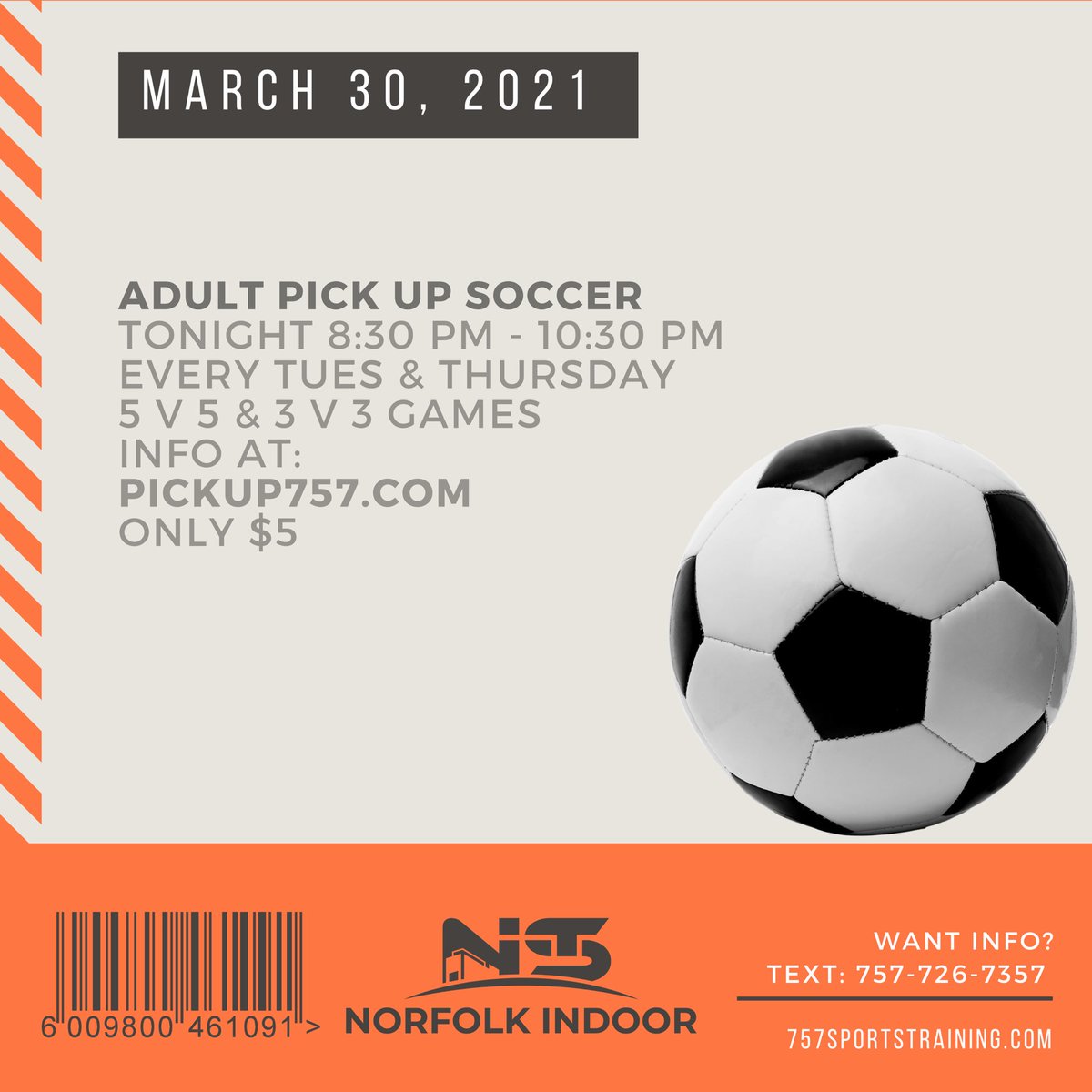 March 30 Schedule at NIST Adult Pick Up Soccer 8:30pm Pickup757.com ⚽️ ➡️ Check out our 7 week ‘pre-summer’ program by GAME Academy that starts April 11 ✅