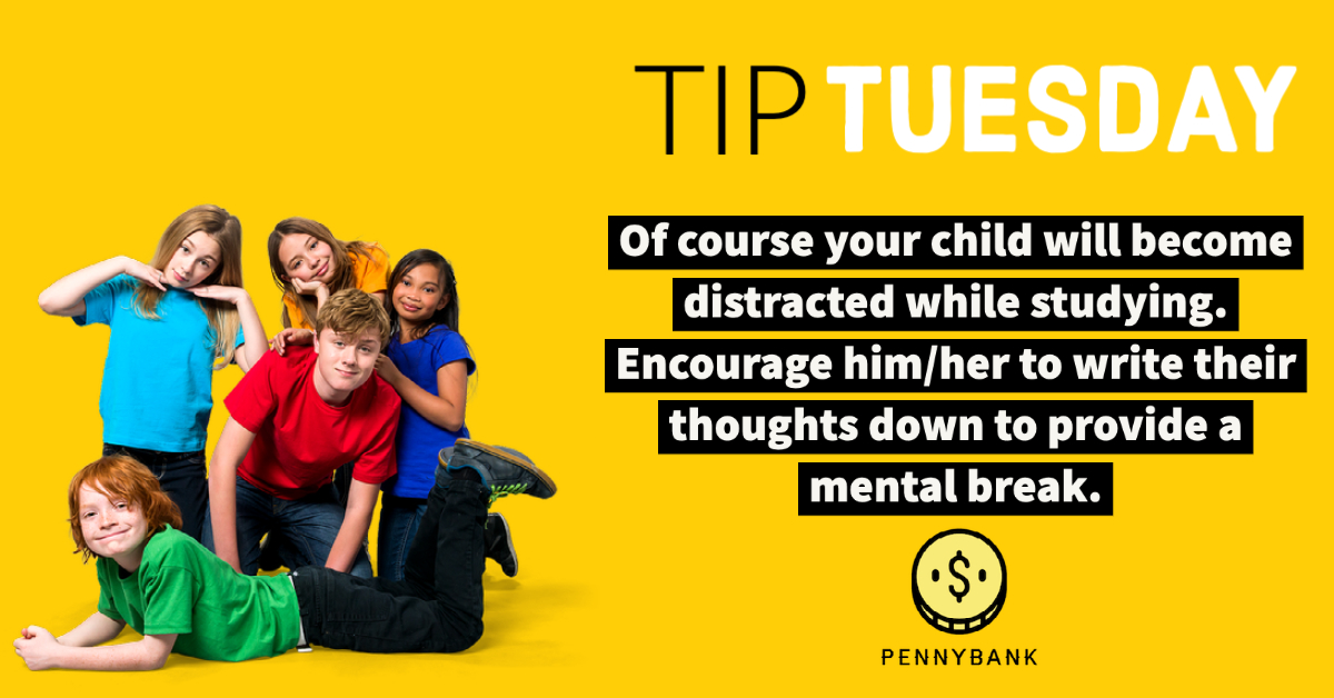 PennyBankApp's tweet image. Of course your child will become distracted while studying. Encourage him/her to write their thoughts down to provide a mental break. #studytips101 #studytips #studytipsandtricks#pennybank