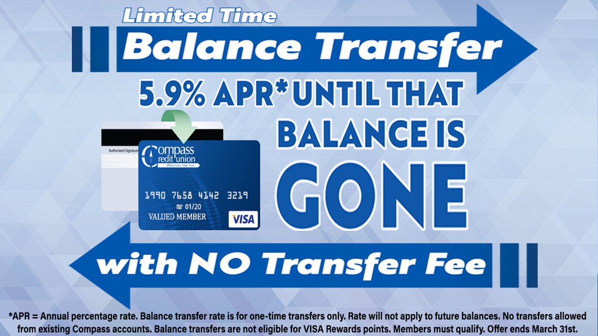 CompassFCU's tweet photo. Time is running out!  You have until tomorrow to initiate a NO FEE credit card balance transfer with Compass.  5.9% APR until the transferred balance is gone.  Details below...

READ HERE: https://t.co/BuqBZGEi0q https://t.co/y4is6SWcl9