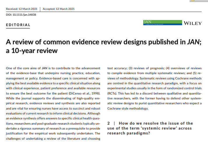 jadvnursing's tweet photo. A review of common evidence review designs published in JAN: a 10‐year review
Helen Rose Noble, Queens University Belfast 🇬🇧
Joanna Smith, University of Leeds 🇬🇧
https://t.co/IsOUVF1QXG
@Wiley_Nursing @helnoble @josmith175 @QUBelfast @UniversityLeeds 
#ResearchDesigns https://t.co/X6yBY1LJP2