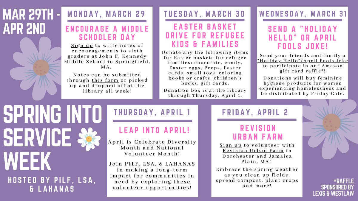 BCLSA's tweet photo. Spring into Service Week Is going on now!! PILF, LSA &amp; LAHANAS have collaborated to bring you all some great virtual and in-person service opportunities to support communities that have been disproportionately affected by the Covid-19 pandemic.Find more information in your email https://t.co/CYct65r8VO