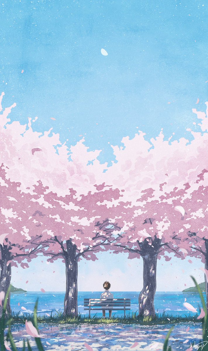1girl outdoors solo scenery cherry blossoms sky petals  illustration images